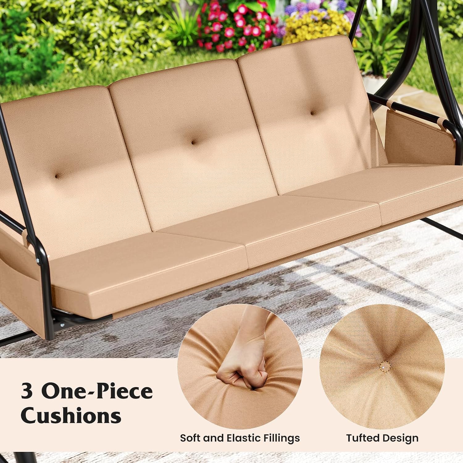 Tangkula 3 Person Porch Swing, 2-in-1 Convertible Outdoor Swing with Adjustable Canopy, Removable Cushions, Metal Frame, Side Pockets for Backyard, Garden, Porch (Beige)