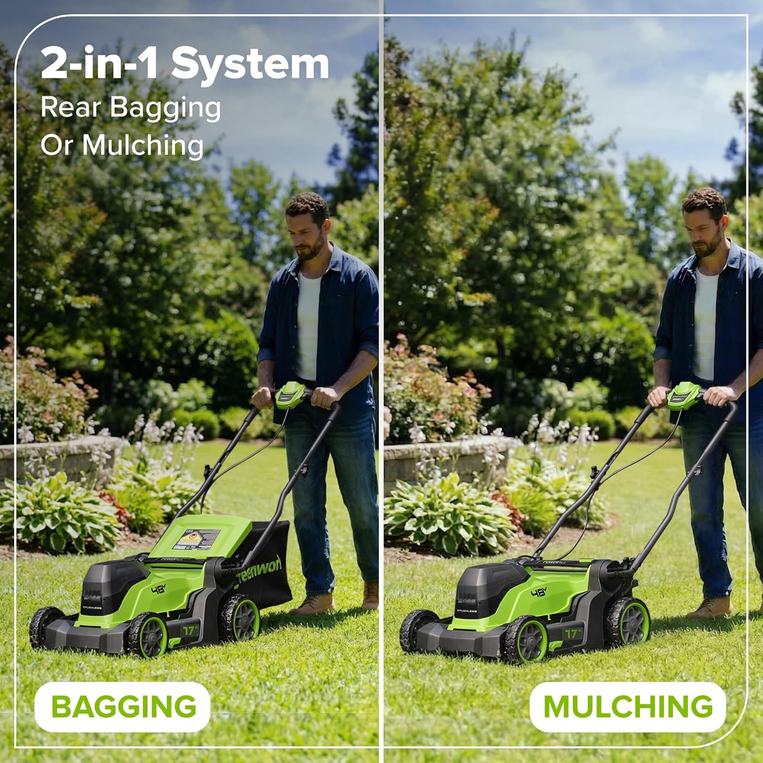 Greenworks 48V (24V x 2) 17' Brushless Push Lawn Mower with (2) 4.0Ah Batteries & 65W Type-C Charger