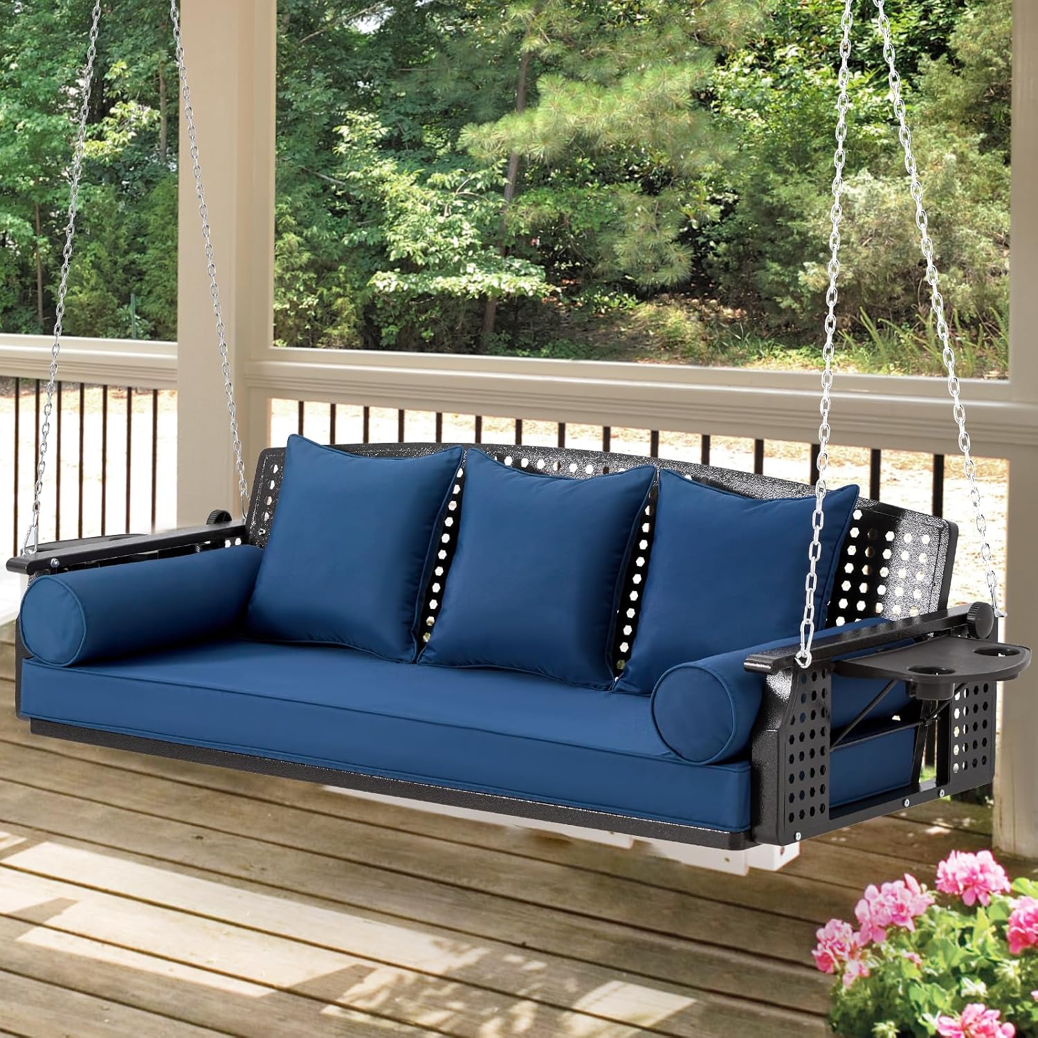 3 Seat Hanging Porch Swing, Patio Swing Bench with Cup Holders & 3 Back Cushions, Swing Chair with Chains for Deck Garden Backyard,Blue(60-Inch Width)