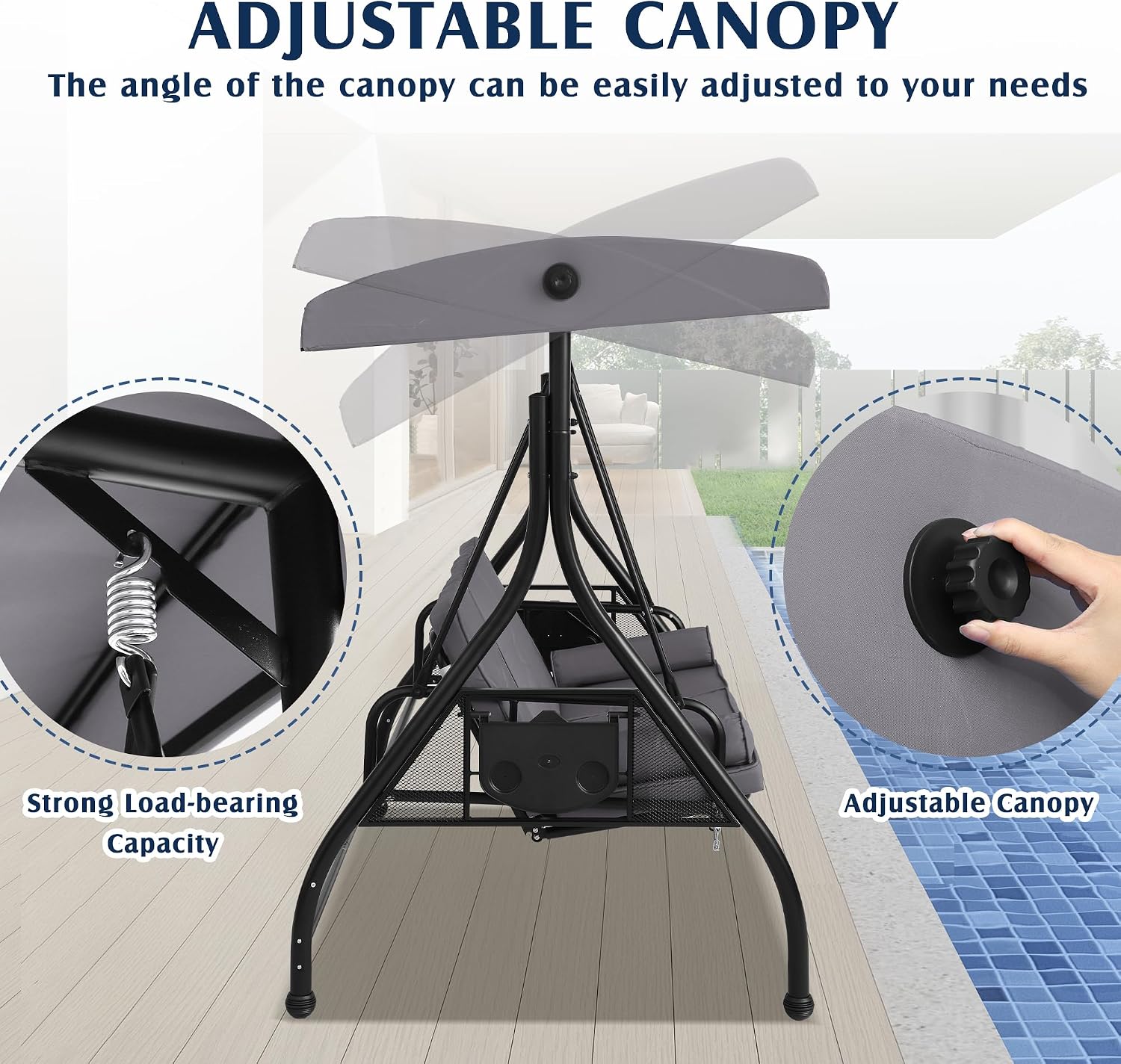 Grepatio 3-Seat Outdoor Porch Swing with Adjustable Canopy, 3 Person Convertible Porch Swing Bed with Stand, Heavy Duty Patio Swing with Cup Holder and Pillows, Cushion for Garden, Poolside (Grey)