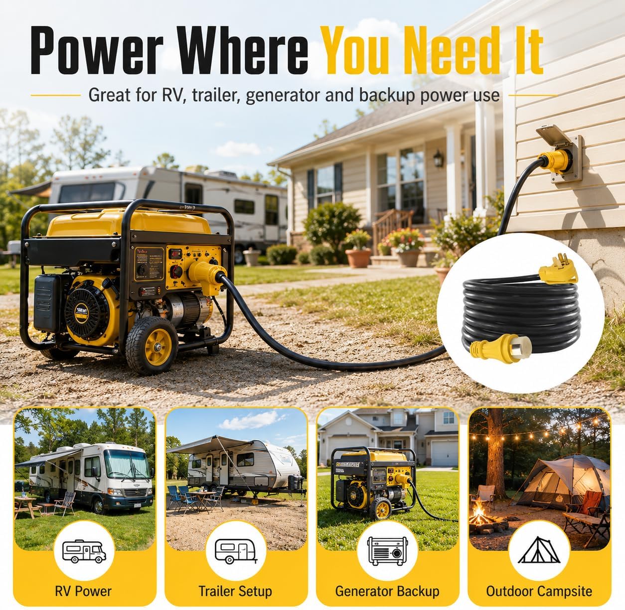 50FT 50 Amp RV Extension Cord, NEMA 14-50P to SS2-50R Twist Lock Power Cord, 6/3 + 8/1 STW Heavy Duty Outdoor Cord for RV, Trailer, Camper, Generator Connection, 125/250V