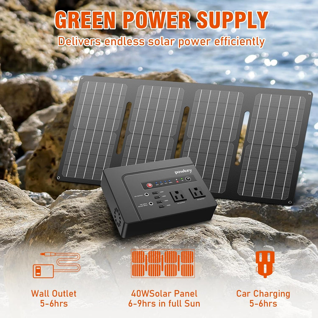 powkey 200W Portable Power Bank with Solar Panel 40W, 146Wh Power Bank with AC Outlet, High Eifficiency Waterproof Solar Panel Kit with Battery Bank for Outdoor Camping Home Backup
