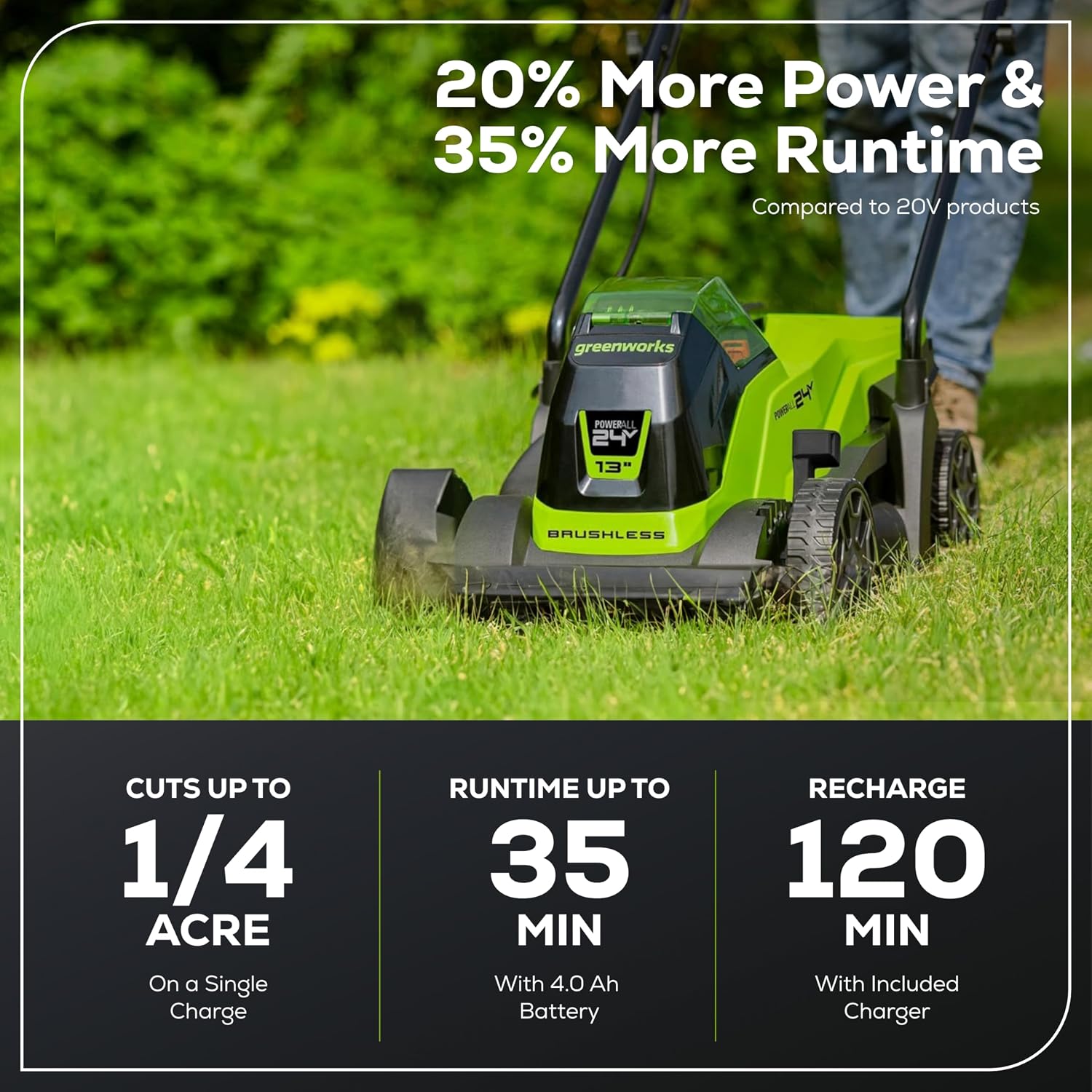 Greenworks 24V 13' Brushless Cordless Lawn Mower with 4.0Ah Battery & Charger,Maintenance-Free Push Mower with 2-in-1 Mulch/Bag
