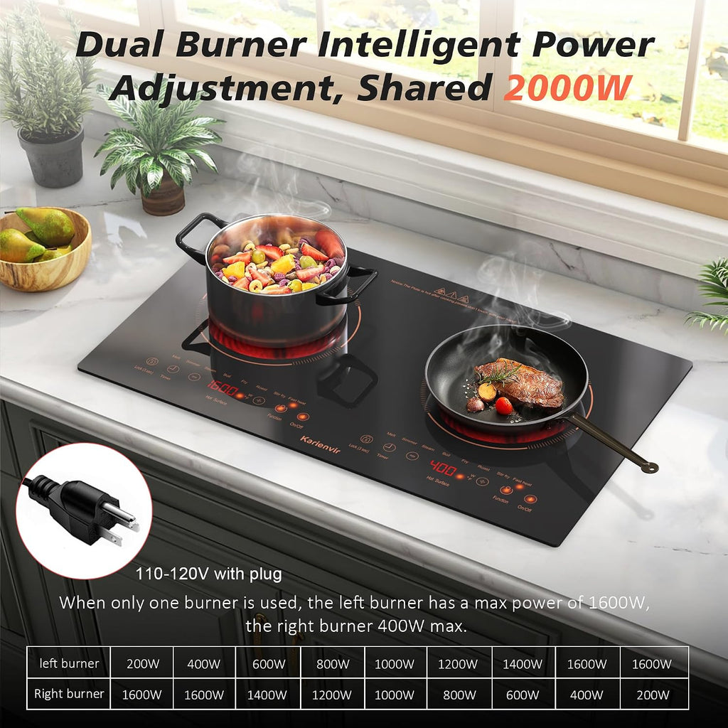 2 Burner Electric Cooktop 110v, 24 Inch Electric Stove Countertop & Built-in, Plug-in Electrics Cooktop, 8 Power Levels & 8 Functions, Touch Control, Safety Lock, Timer, 2000W, Orange