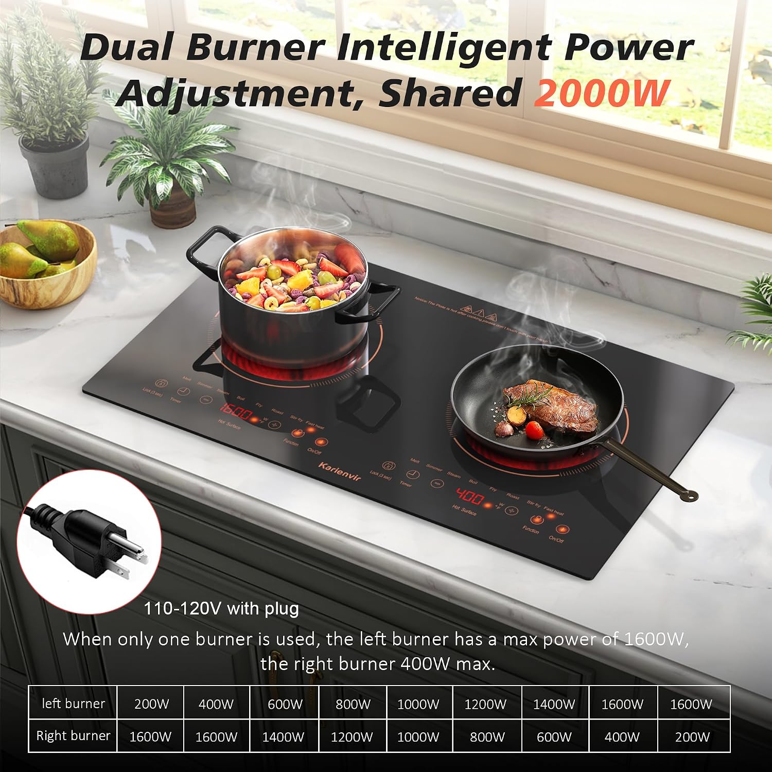2 Burner Electric Cooktop 110v, 24 Inch Electric Stove Countertop & Built-in, Plug-in Electrics Cooktop, 8 Power Levels & 8 Functions, Touch Control, Safety Lock, Timer, 2000W, Orange