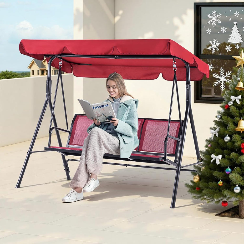 MCombo Outdoor Patio Canopy Swing Chair 3-Person, Steel Frame Textilence Seats Swing Glider, 4507 (Burgundy)