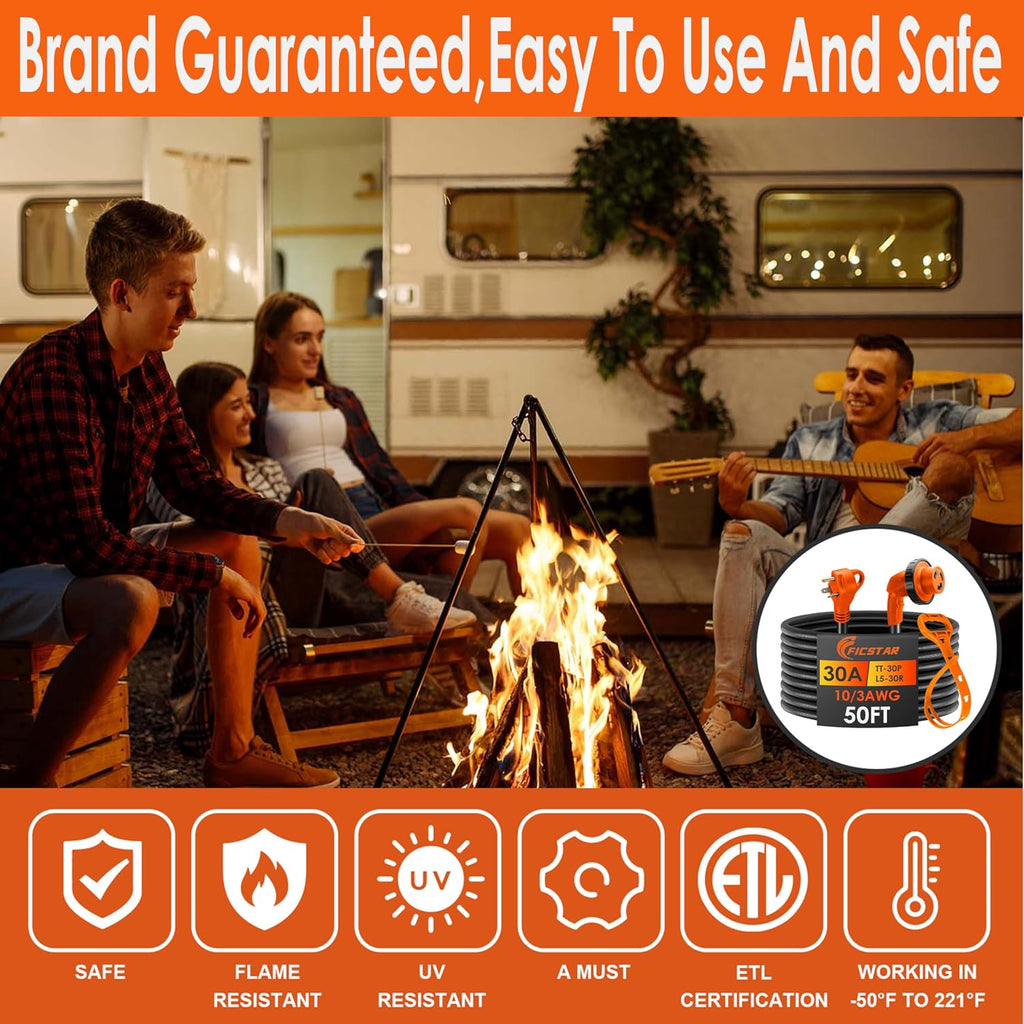 30 Amp RV Extension Cord,50 ft,Heavy Duty Generator Extension Cord with LED Power Indicator,30 AMP Female 90° Twist Lock Adapter with Reverse Polarity Lamp,NEMA TT-30P to L5-30R,120V/125V