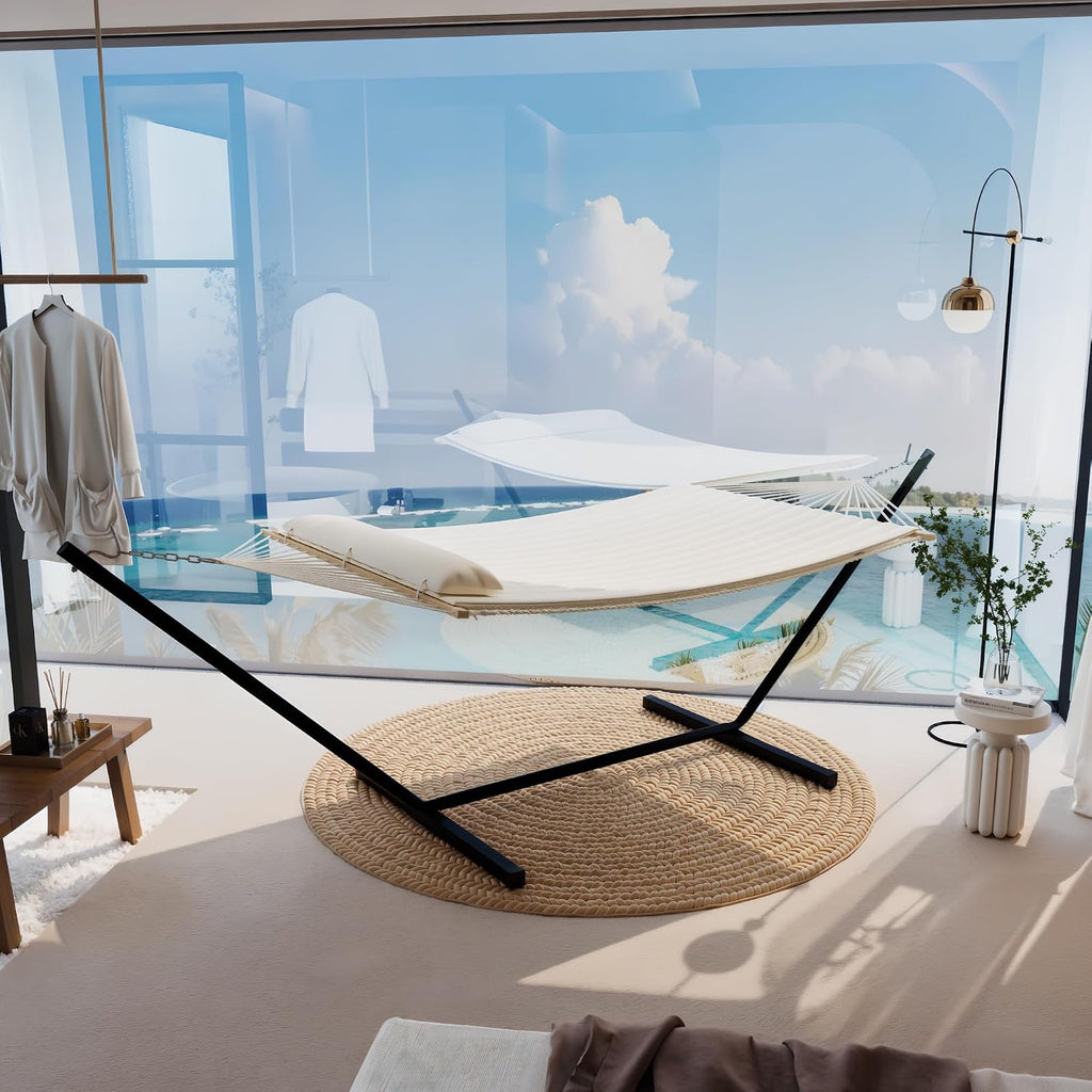 Hanging Hammock Chair for Indoor Outdoor - Comfortable Breathable Swing Seat Chair [Cotton or Polyester] - Flat Lying Design with Cushion & Woven Rope Mesh(Flat Lying), not Includes carrying bag,white