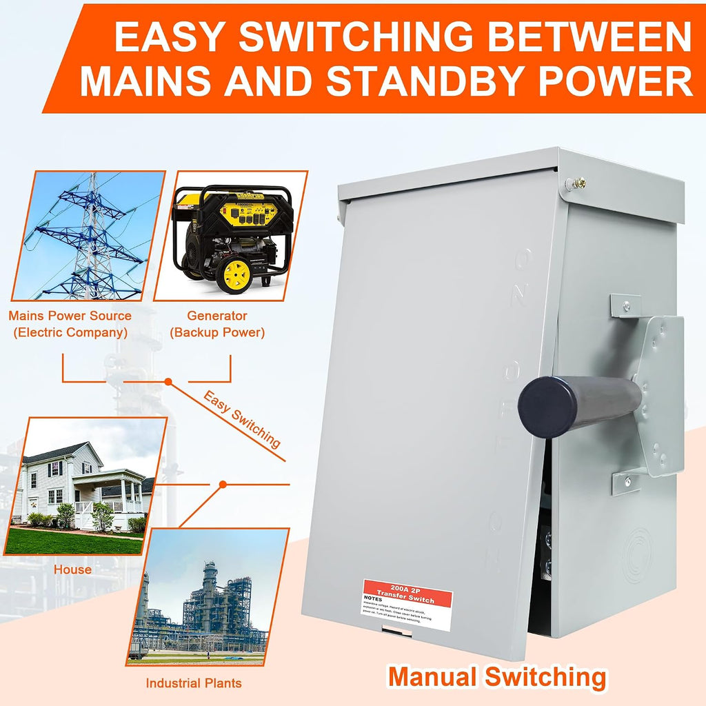 Upgraded 200 Amp 2 Pole Manual Transfer Switch, 120/240-Volt 48,000-Watt Transfer Switch for Home Generator, Meeting NEMA 3R Standards for Outdoor and Indoor, with Integrated Neutral