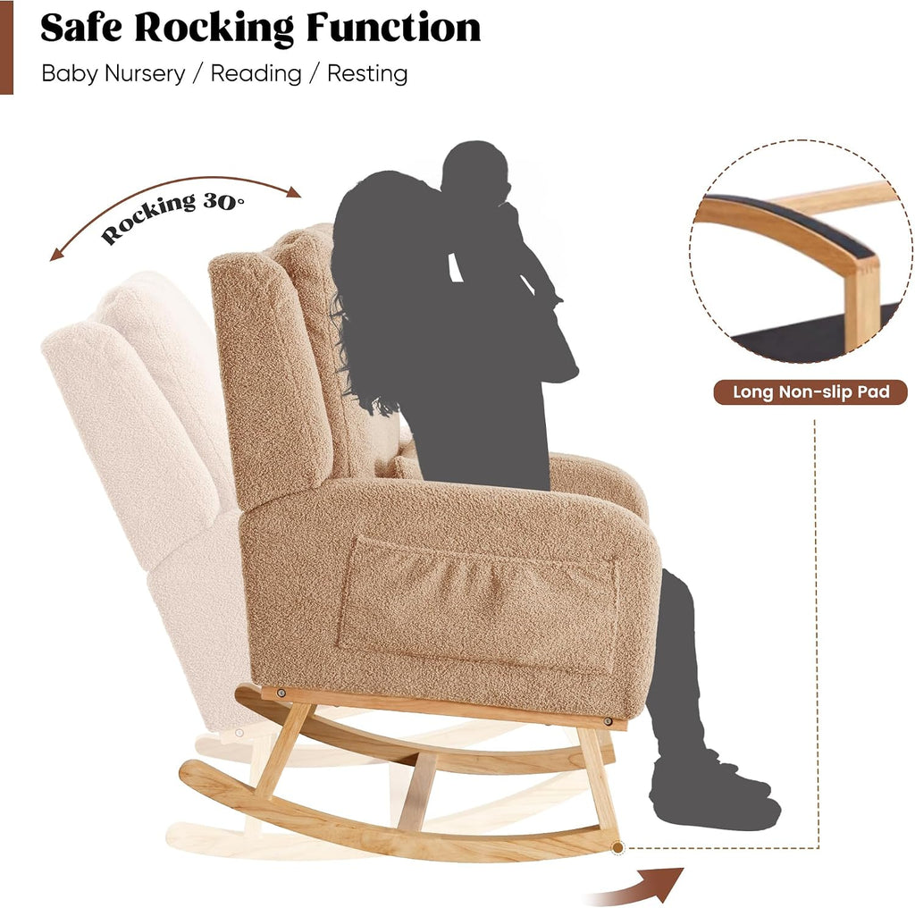 HCHAIRH Rocking Chair Nursery, Boucle Nursing Rocking Chairs, Upholstered Nursery Glider Rocker Wingback Morden Rocking Chair with Lumbar Pillow for Mom Nursery, Living Room, Bedroom, Teddy Khaki