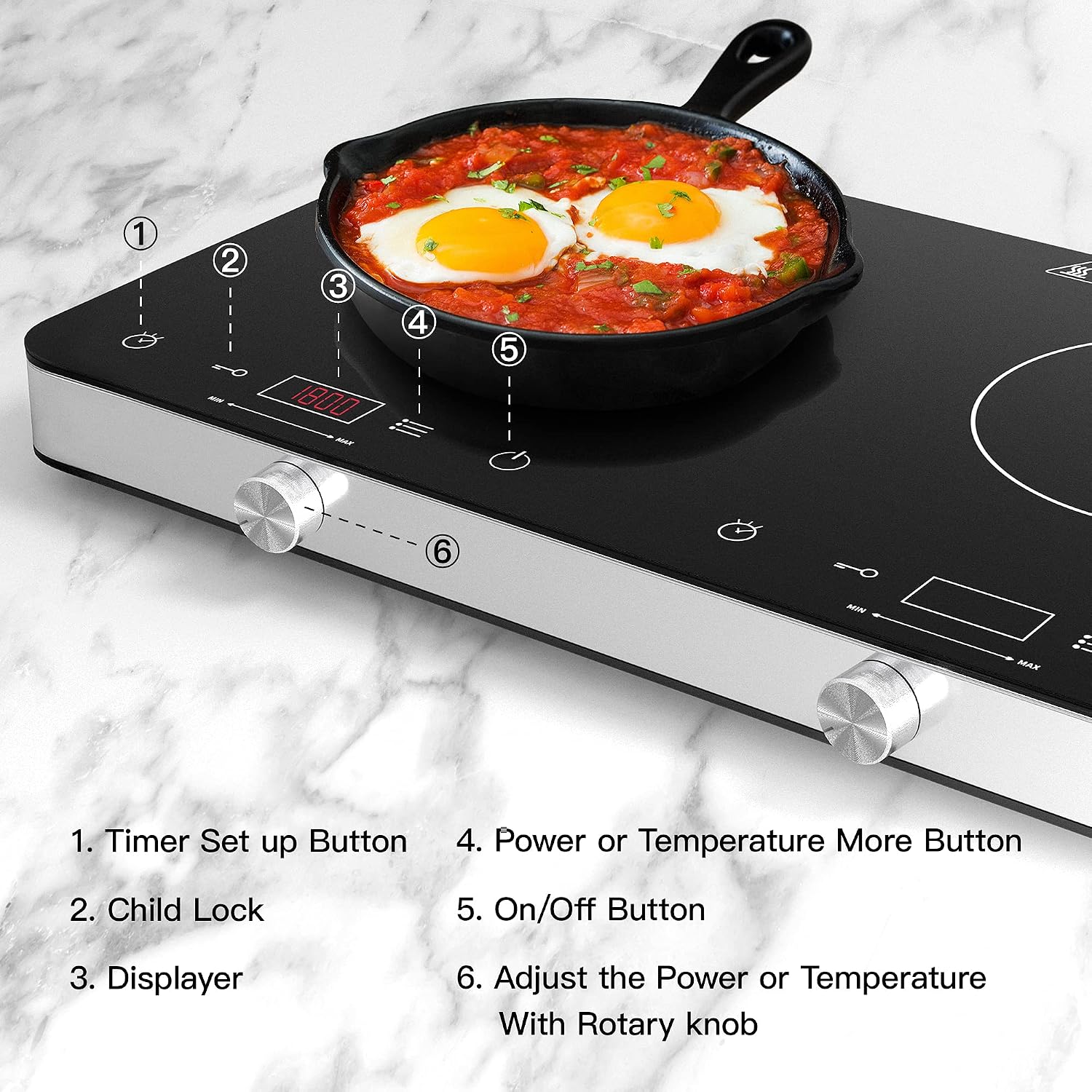 COOKTRON Double Induction Cooktop Burner, 1800w 2 burner Induction Cooker Cooktop, 10 Temperature 9 Power Settings Portable Electric Countertop Burner Touch Stove with Child Safety Lock & Timer
