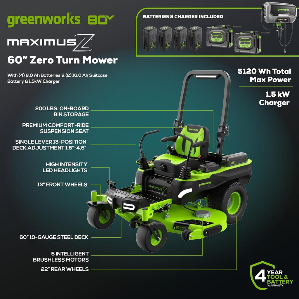 Greenworks 80V 60' Riding Lawn Mower (5.12 Acre, 41 HP Gas Equivalent, 4 MPH, Rear Dump Bed), (2) 16.0Ah + (4) 8.0Ah Batteries (5,120 Wh Max) + Turbo Wall Charger