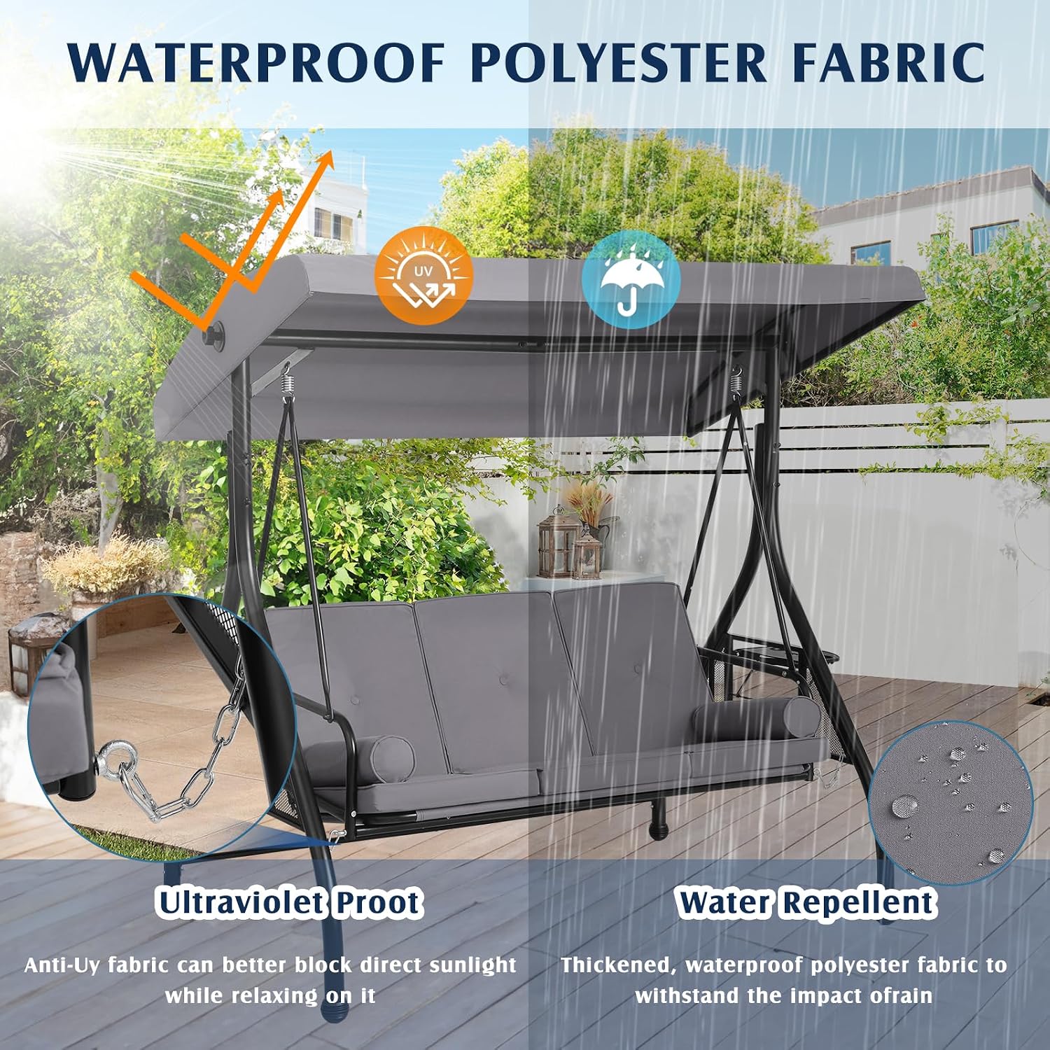 Grepatio 3-Seat Outdoor Porch Swing with Adjustable Canopy, 3 Person Convertible Porch Swing Bed with Stand, Heavy Duty Patio Swing with Cup Holder and Pillows, Cushion for Garden, Poolside (Grey)