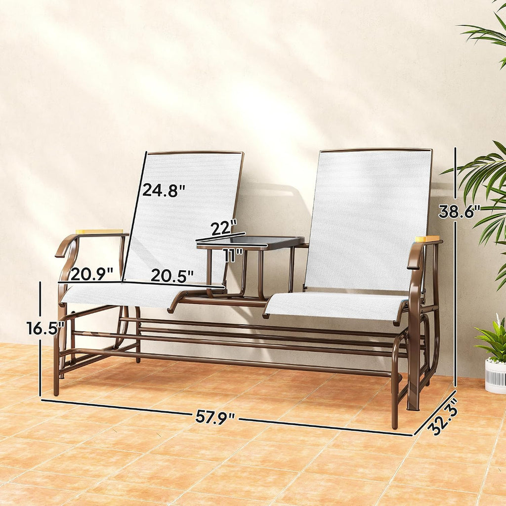 Outsunny 2 Person Outdoor Glider Bench, Patio Swing Glider Chair Loveseat with Breathable Mesh, Table, Steel Frame for Garden, Backyard, Porch, Cream White