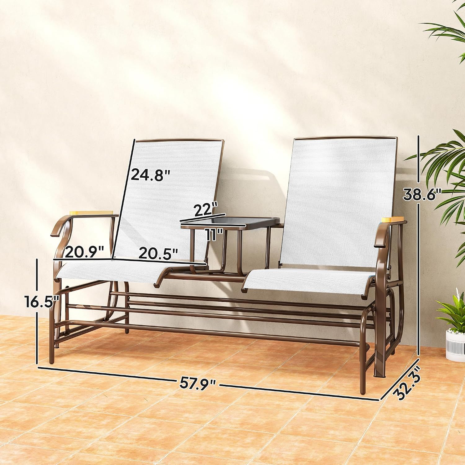 Outsunny 2 Person Outdoor Glider Bench, Patio Swing Glider Chair Loveseat with Breathable Mesh, Table, Steel Frame for Garden, Backyard, Porch, Cream White