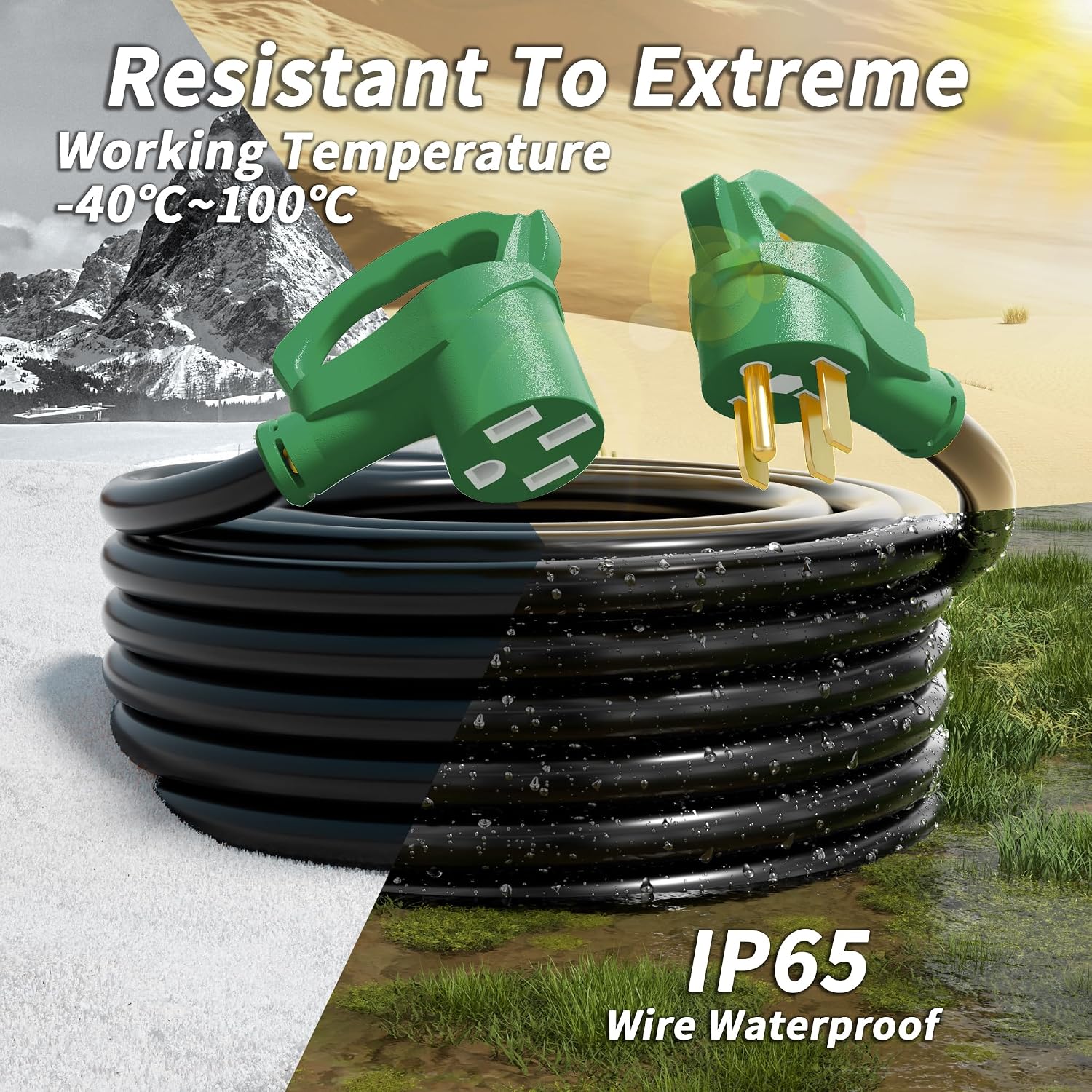 PlugSaf NEMA 14-50P/14-50R 75 FT 40 Amp RV/EV Extension Cord Outdoor with Grip Handle, 4 Prong Flexible Heavy Duty STW RV Power Cord Waterproof, 40A 125/250V 5000/10000W, Black-Green, ETL Listed