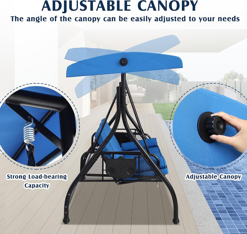 Grepatio 3-Seat Outdoor Porch Swing with Adjustable Canopy, 3 Person Convertible Porch Swing Bed with Stand, Heavy Duty Patio Swing with Cup Holder and Pillows, Cushion for Garden, Poolside (Blue)