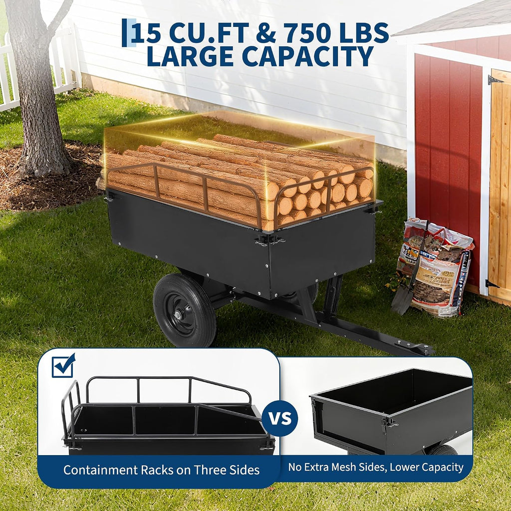 Garvee 750 LB Heavy Duty Steel Dump Cart Trailer - 15 Cu Ft Capacity Tow Behind Utility Trailer for ATV, Lawn Tractor, Riding Mower - Removable Tailgate & Raised Side Rails, Black