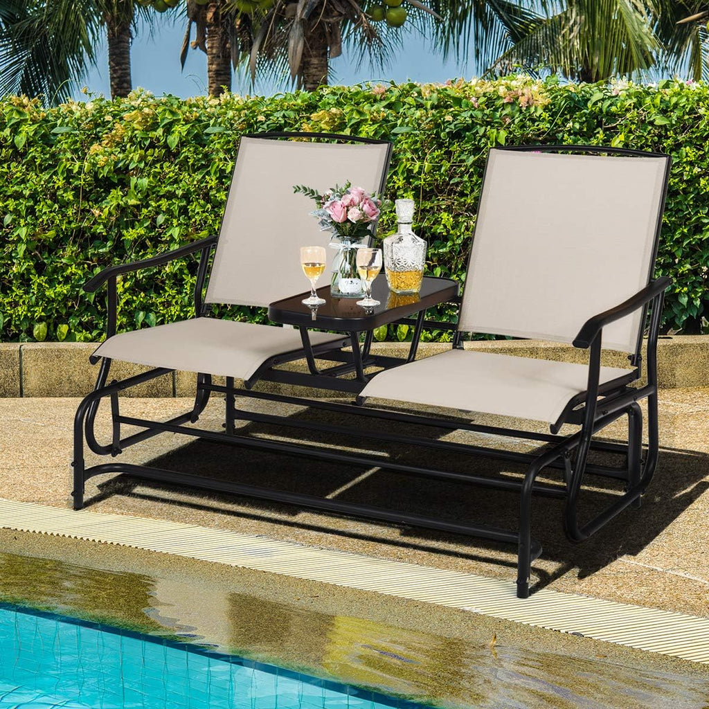 Giantex Patio Bench Glider Chair with Metal Frame, Center Tempered Glass Table, Outside Double Rocking Swing Loveseat for Porch, Garden, Poolside, Balcony, Lawn Rocker Outdoor Glider Bench(Beige)