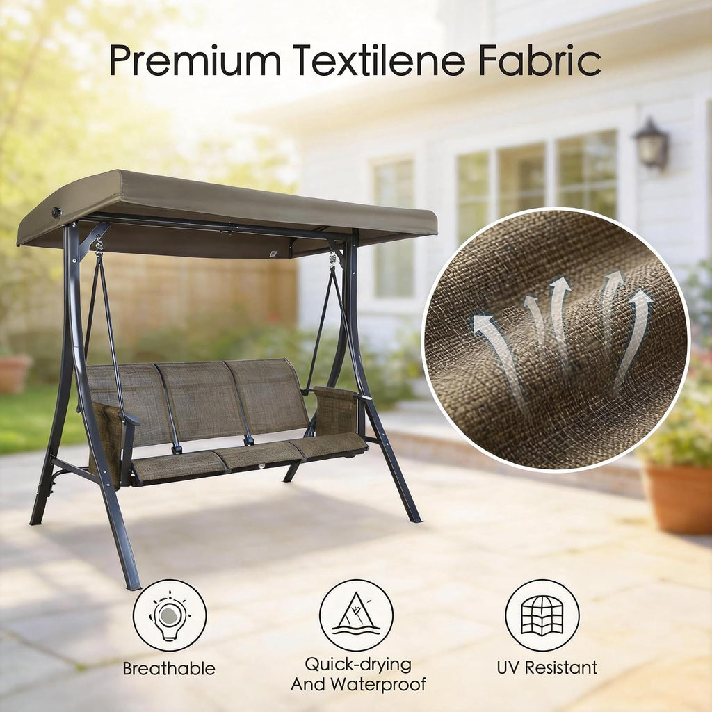 Kozyard Brenda 3-Seat Outdoor Porch Swing Glider, Patio Swing with Adjustable Canopy, Steel Frame, Breathable Textilene Seat & Back, Side Pockets (Taupe)