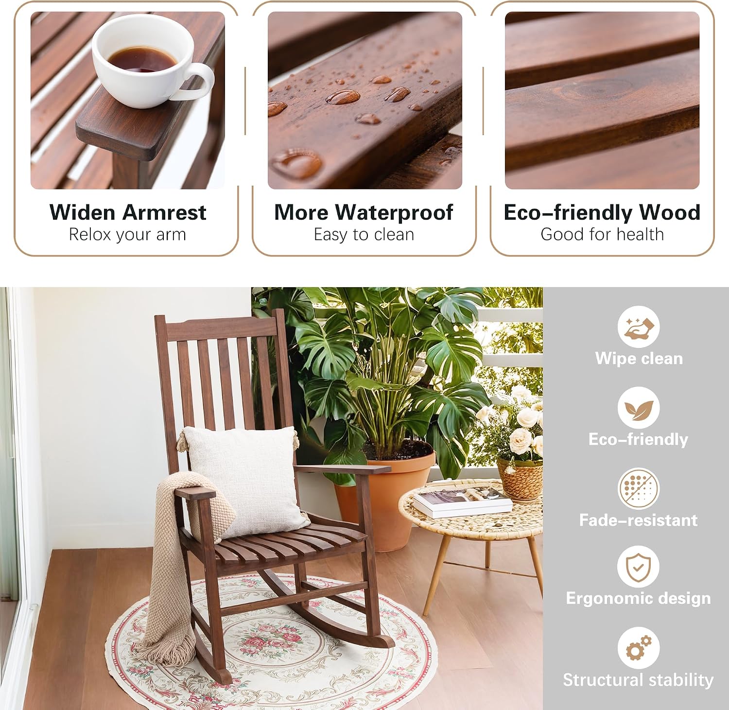 Greesum Outdoor Rocking Chair, Acacia High Back Oversized All-Weather Lounge Rocker with 320 lbs of Support for Patio, Garden, Deck, Porch,Brown