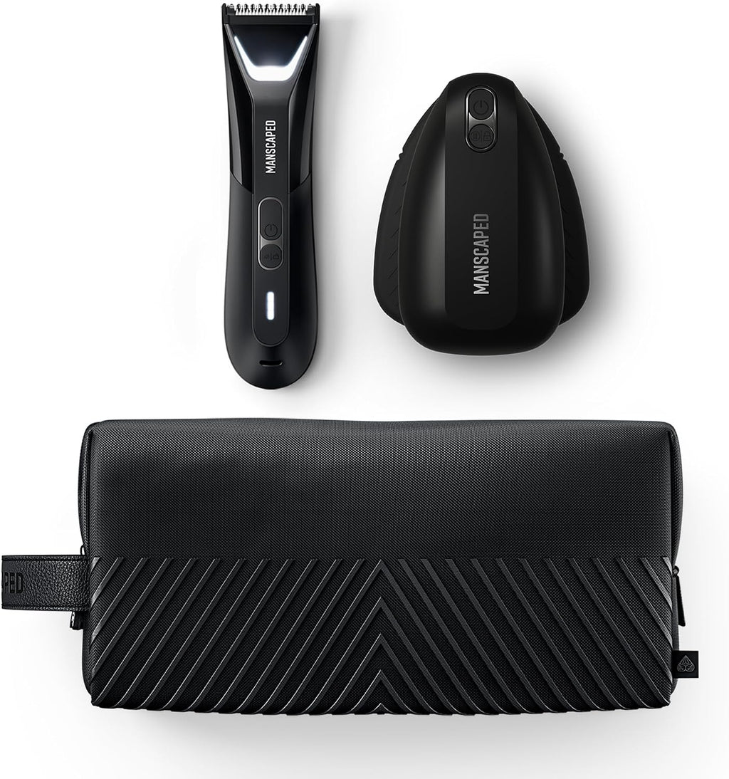 MANSCAPED® The Lawn Mower® 5.0 Ultra & The Face Buffer PRO - Men's Groin & Body Hair Trimmer & Electric Silicone Face Scrubber for Deep Cleaning & Exfoliating Your Skin, The Shed 2.0 Toiletry Bag