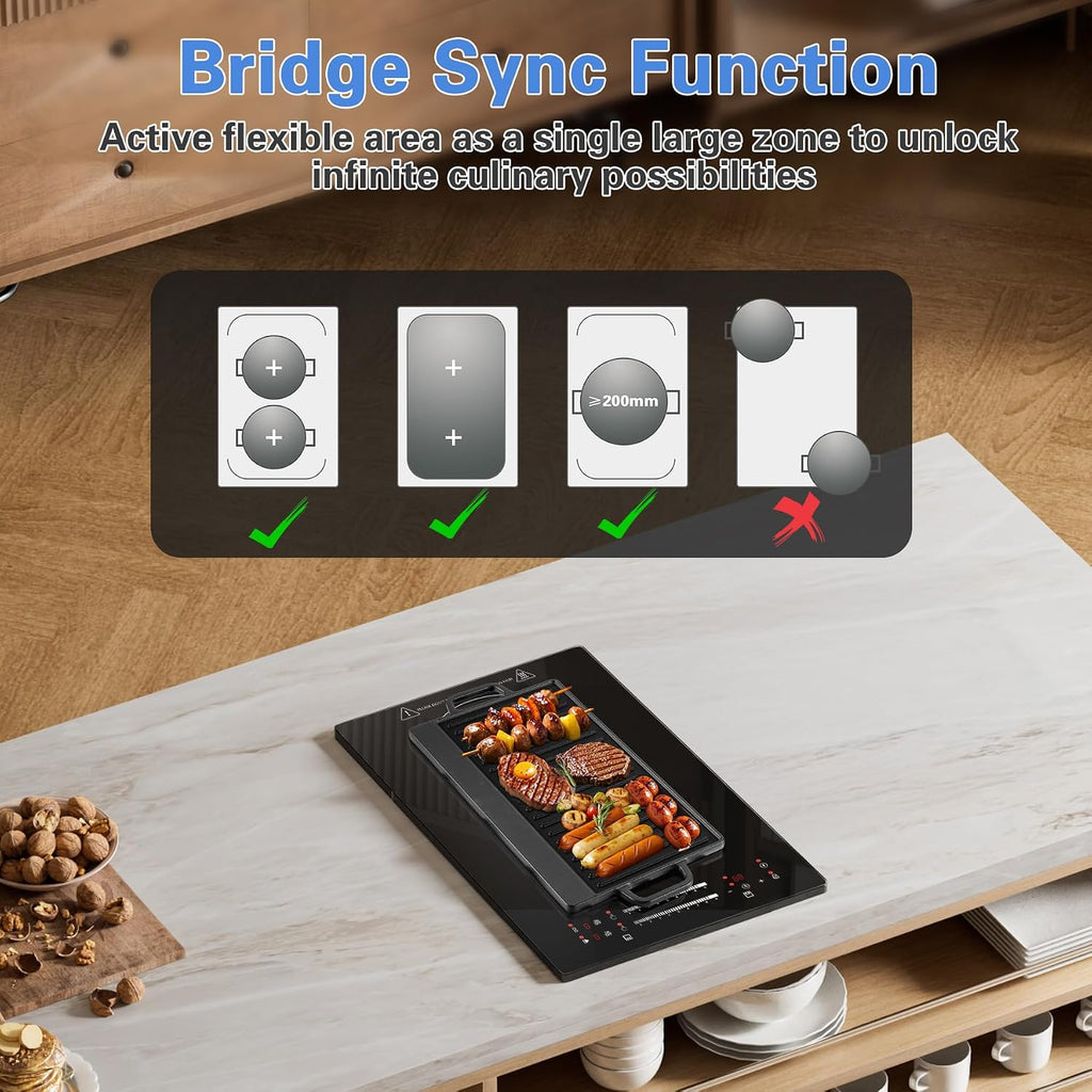 12 Inch Induction Cooktop 2 Burners, 120V 1800W Electric Stove with Bridge Function & 9 Power Levels, Built-in/Countertop Induction Burner for Kitchen, RV, Outdoor Camping