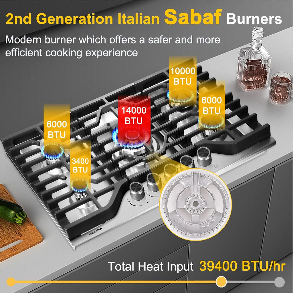 30 Inch Gas Cooktop, Built-in Propane Cooktop with 5 Italy SABAF Sealed Burners, 304 Stainless Steel, Heavy-Duty Cast Iron Grates, NG/LPG Convertible, Ion Ignition, ETL Listed