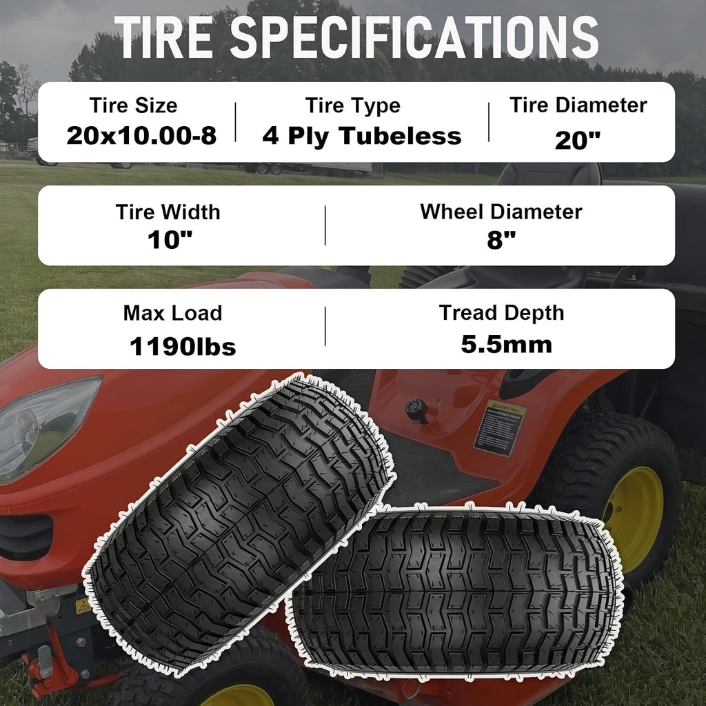 2Pcs 20x10.00-8 Lawn Mower Tires, Rear Tire and Wheel Assemblies for Riding Lawn Mowers, 4-Ply Tubeless Turf-Friendly Tires with 3/4' Borehole, 3.5' Offset Hub and 3/16' Keyway, 1190LBS Load Capacity