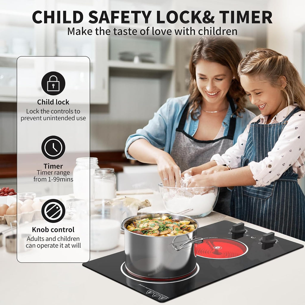 GIHETKUT Electric Cooktop,110V 2100W Stove top,Countertop and Built-in 2 burner cooktop,9-speed power, child safety lock, timer, knob and touch control 2 burner Electric cooktop