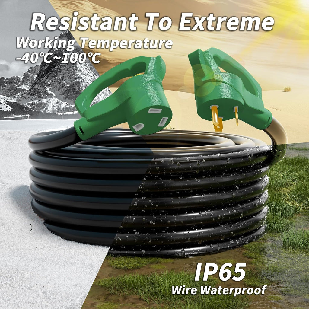 PlugSaf 100 FT 30 Amp RV Extension Cord Outdoor with Grip Handle, Flexible Heavy Duty 10/3 Gauge STW RV Power Cord Waterproof with Cable Organizer, NEMA TT-30P to TT-30R, Black-Green, ETL Listed
