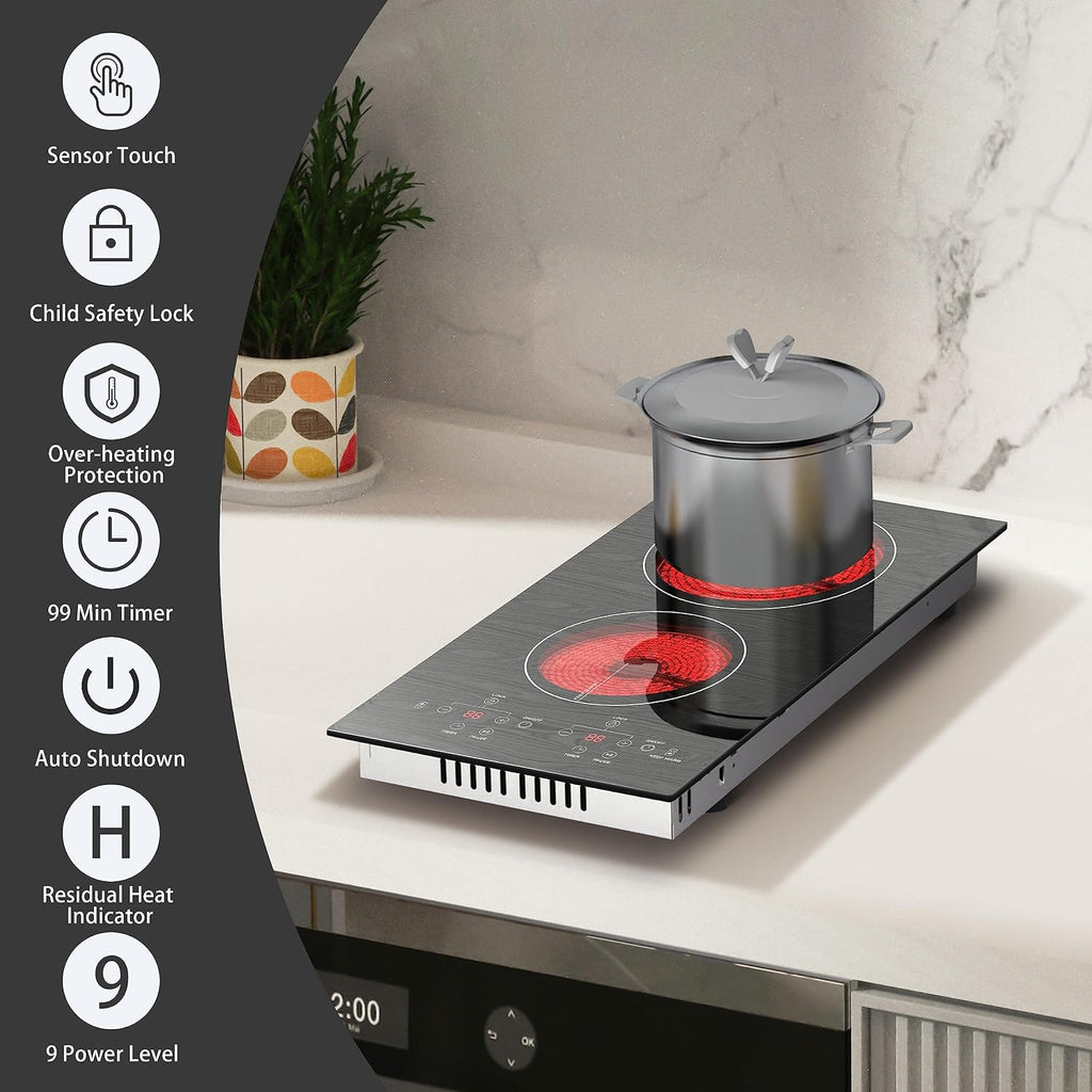 Karinear Portable Electric Cooktop 2 Burners, 110v Plug in Electric Stove Top, Countertop Use or Built-in Install, 12'' Ceramic Cooktop with Beautiful Wooden Pattern