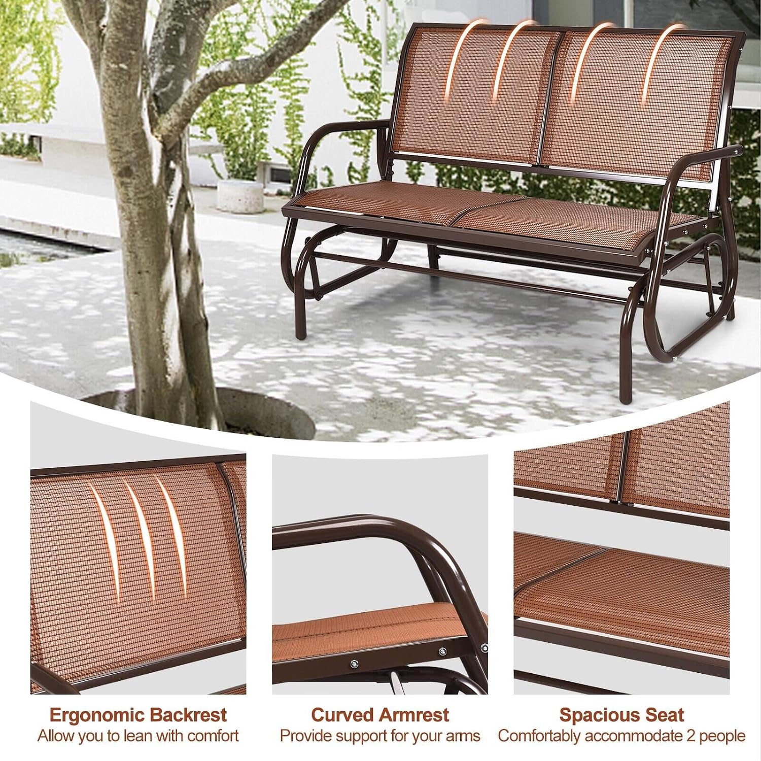 Tangkula 2 Person Patio Glider, Outdoor Swing Bench, Glider Loveseat Chair with Heavy-Duty Steel Frame, Breathable Seat Fabric, Rocking Chair for Poolside, Garden, Backyard, Porch