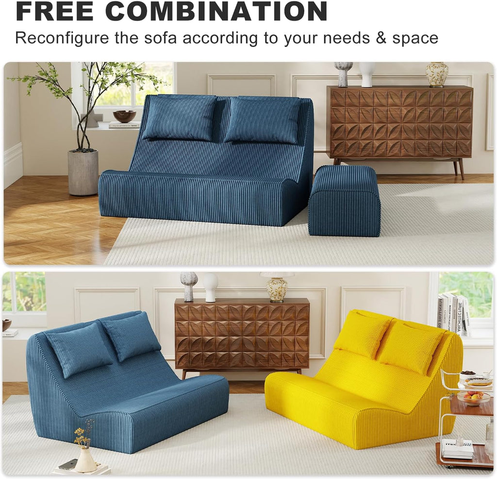 Giant Bean Bag Chair for Adults - Indoor Chaise Lounge with Pillows & Ottomans, Upholstered Loveseat Floor Sofa Chair for Reading, Gaming, Napping, and Movies (Royal Blue)