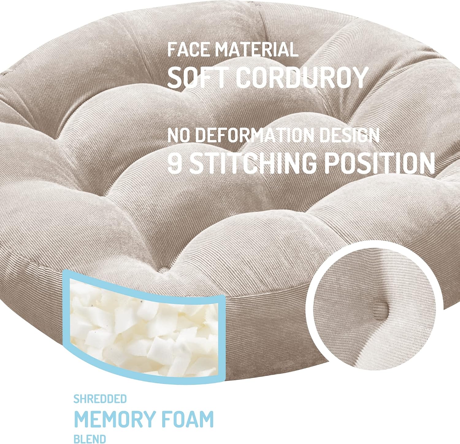 Degrees of Comfort Floor Cushion 6 Pack for Meditation, Office & Classroom – Corduroy Soft Seating Set, 22 Inch, High-Density Foam, Round Shape, Beige