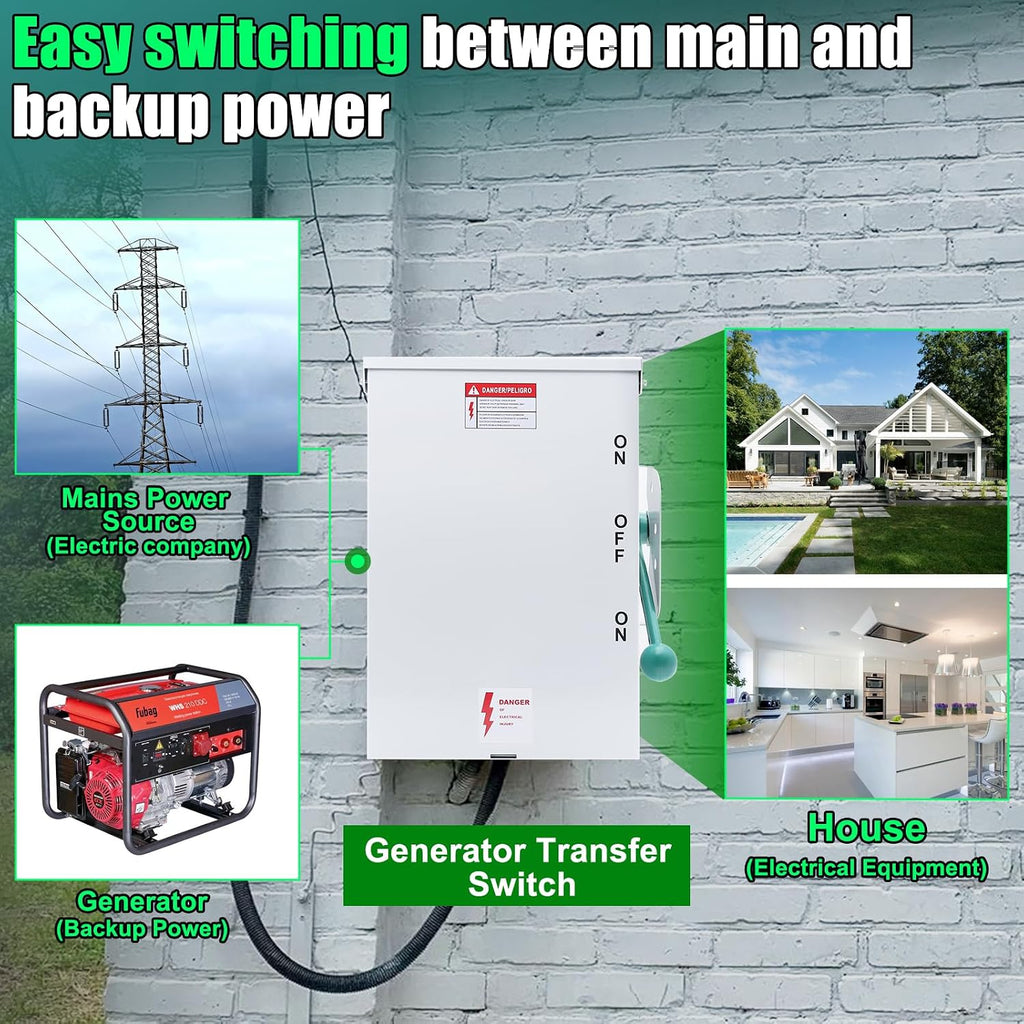 200A Generator Transfer Switch General Duty Double-Throw Safety Switch 48000W, 120/240-Volt 200 Amps Manual Transfer Switch Compact Design NEMA 3R Rainproof Non-fusible Two-Pole Three-Wire