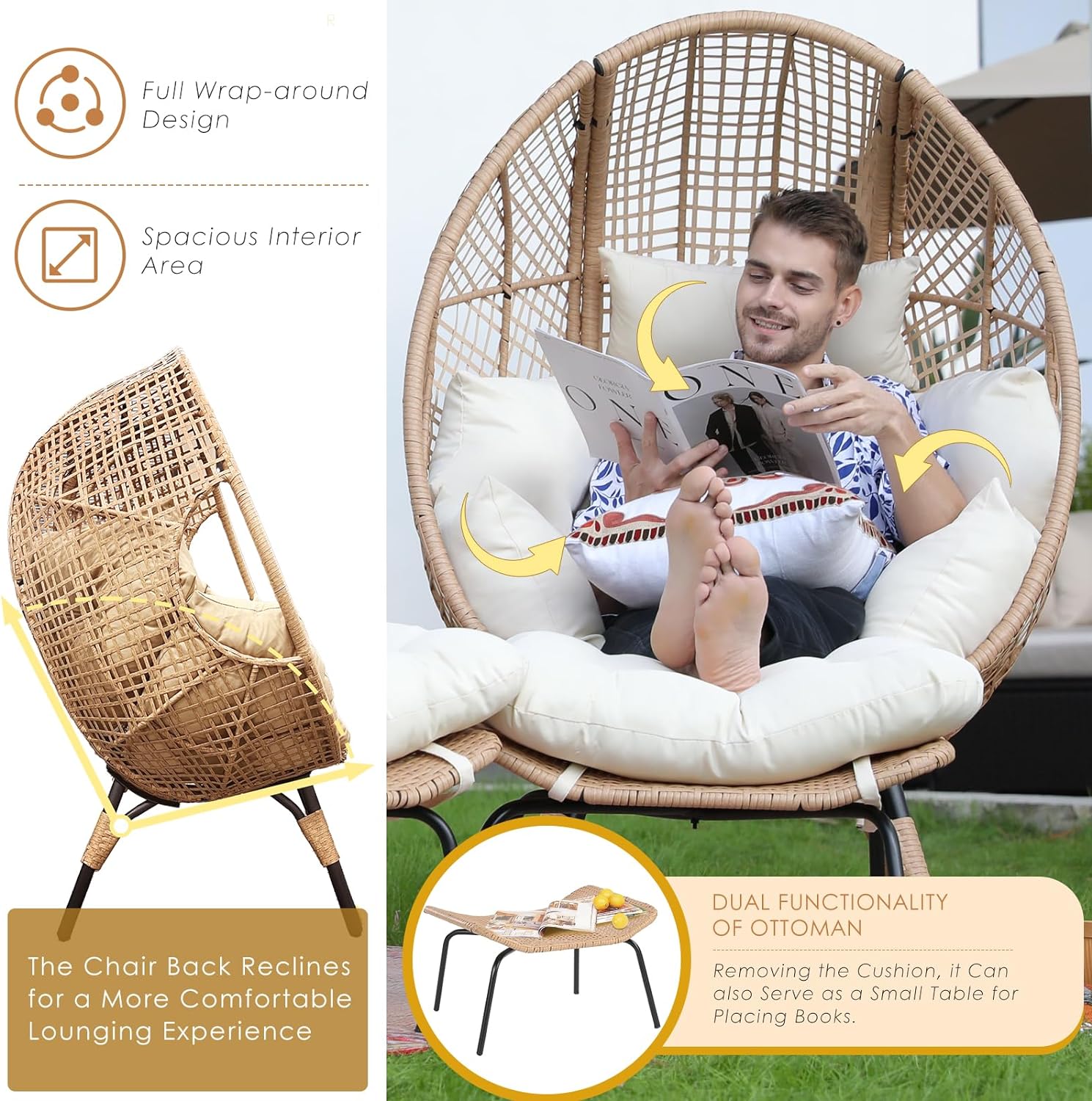NICESOUL Indoor Outdoor Egg Chair with Ottoman, Comfy Thick Cushioned Egg-Basket Lounge Chair w/Footrest, 440lbs Eggshell Chairs with Foot Rest, Boho Chair for Patio, Balcony, Bedroom, Sunroom, Beige