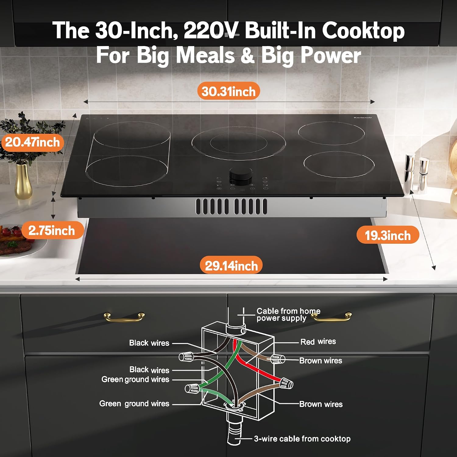 Electric Cooktop 30 Inch, 5 Burner Stove Top Burner 8600W, Built in 30 Inch Electric Cooktop, Magnetic Knob, Expanable Burners & BBQ, Timer, Safety Lock, 220V-240V Hard Wire (No Plug)