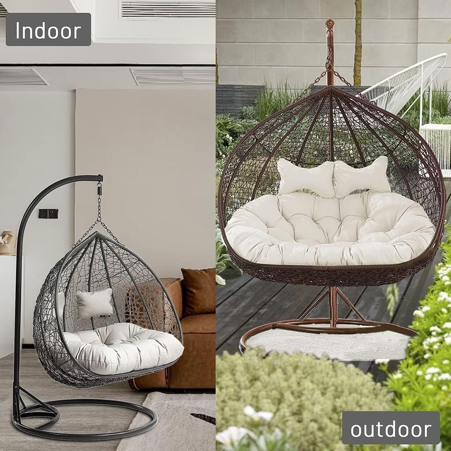 Generic Double Swing Chair Cushion Replacement, Large Egg Chair Cushion with Adjustable Pillow for Indoor Outdoor Garden Balcony Rocking Hanging Basket Rattan Chair Rest Seat Pad(D), Size