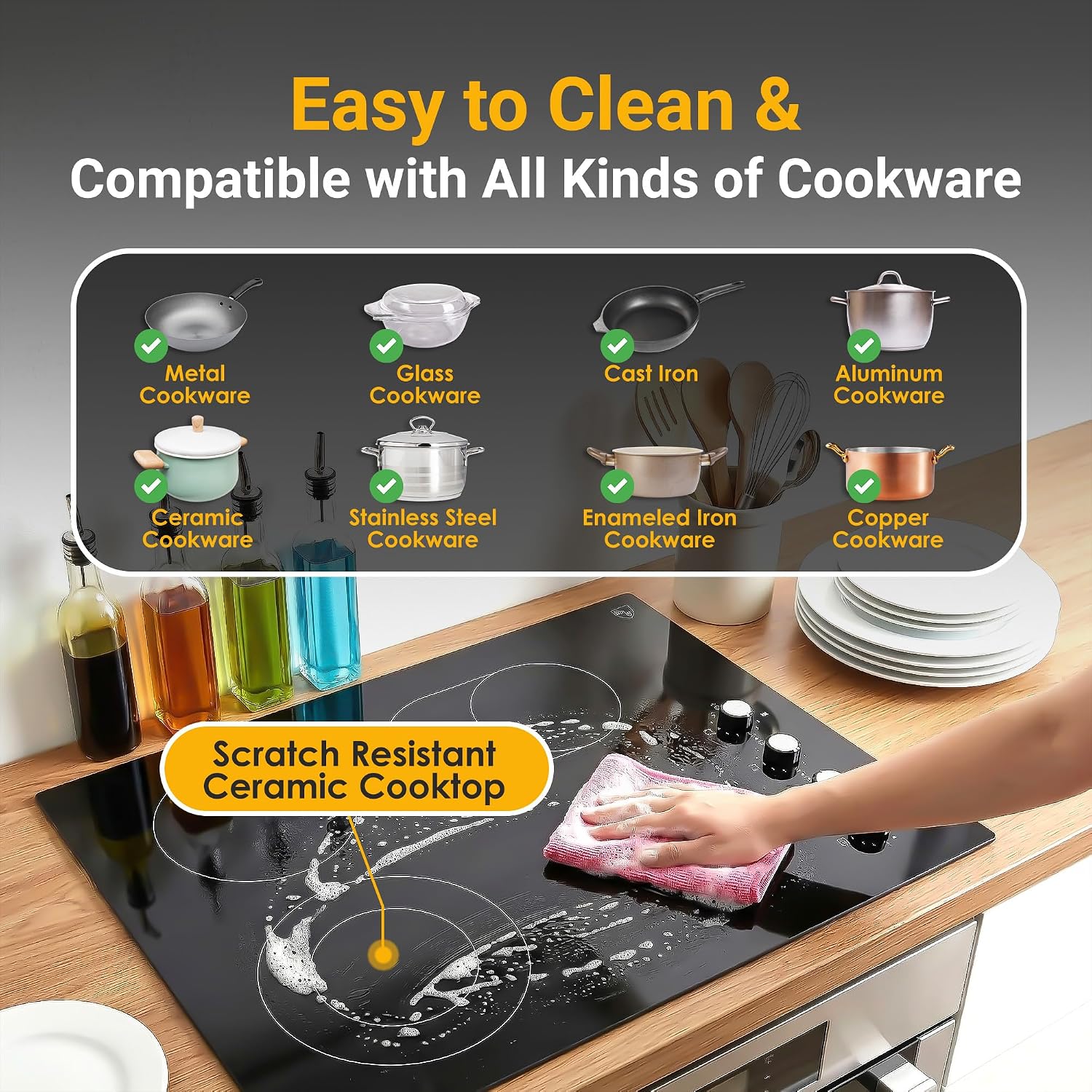 K&H 4 Burner Electric Cooktop - 30 Inch Built-In Radiant Ceramic Stove Top with 11 Power Levels & Knob Control, Compatible with All Cookware, 240V, 7200W High-Power Built-in Electric Stove, CE30-7206K