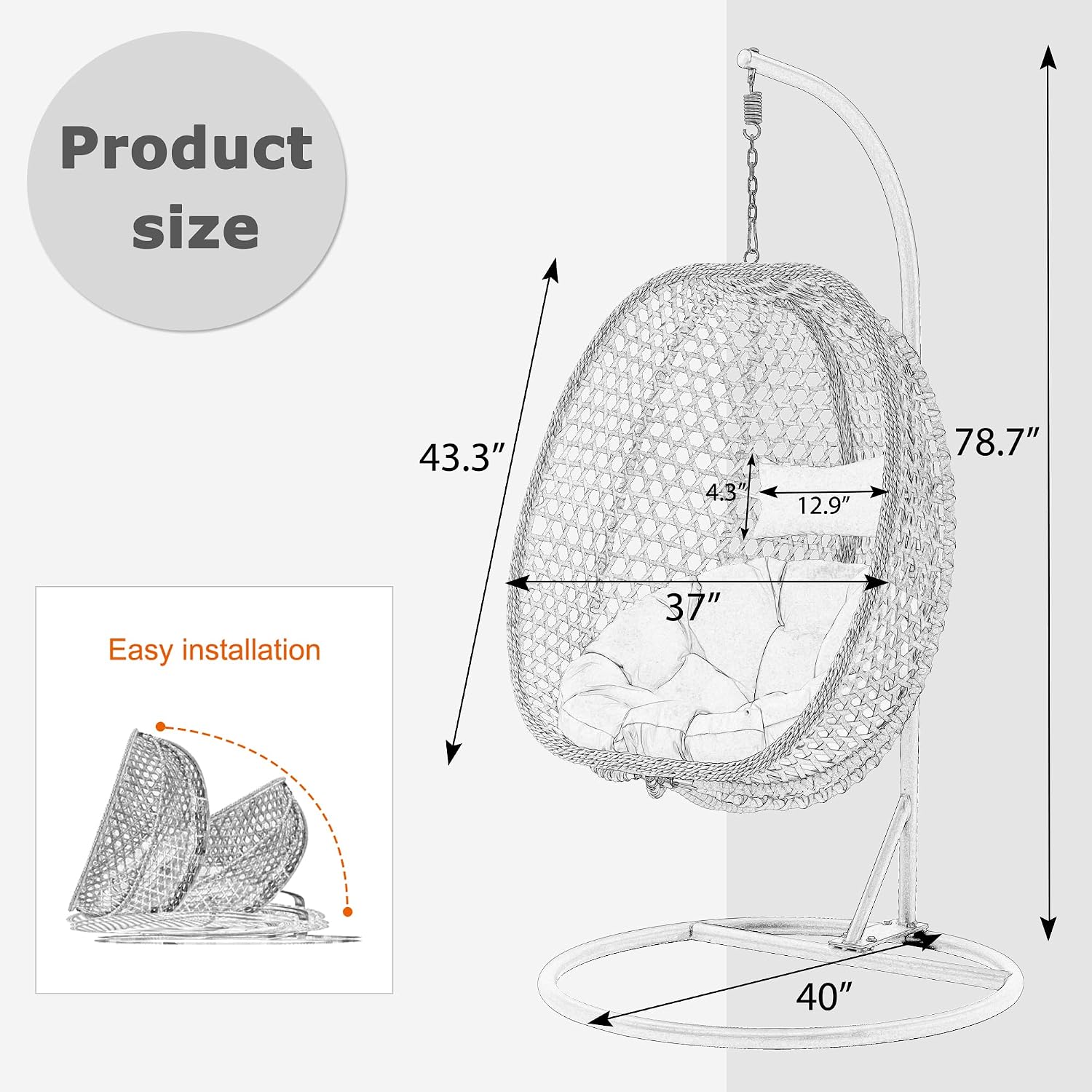 Hanging Egg Chair with Stand & Cushions, Outdoor and Indoor Hammock Rattan Swing Chair 350 lbs Capacity with Aluminum Steel Frame for Patio, Balcony, Backyard and Living Spaces (Light Grey)