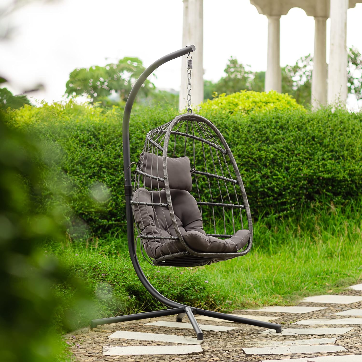 Indoor Outdoor Patio Wicker Hanging Chair Swing Chair Patio Egg Chair UV Resistant Cushion Aluminum Frame (Grey)
