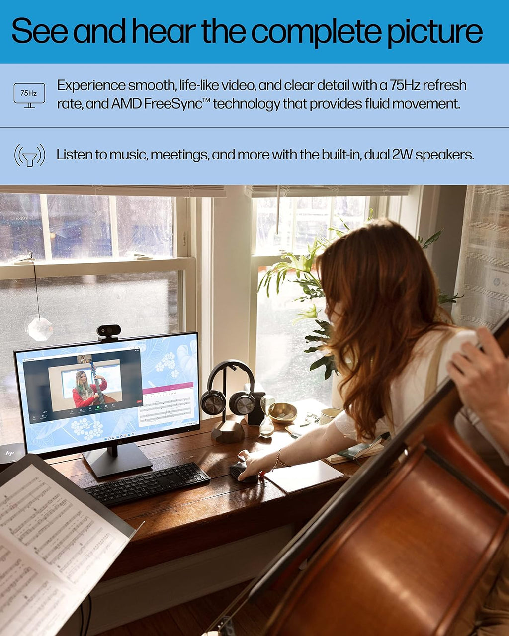 HP 27h Full HD Monitor - Diagonal - IPS Panel & 75Hz Refresh Rate - Smooth Screen - 3-Sided Micro-Edge Bezel - 100mm Height/Tilt Adjust - Built-in Dual Speakers - for Hybrid Workers