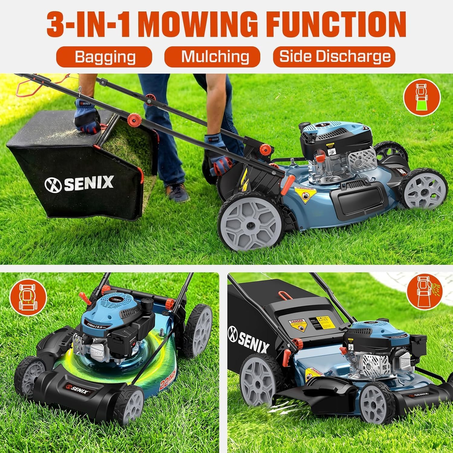 SENIX 22' Self-Propelled Gas Lawn Mower | X2 20V String Trimmer, Leaf Blower, and Hedge Trimmer [4-Piece Set], Includes 2 Batteries & Battery Charger