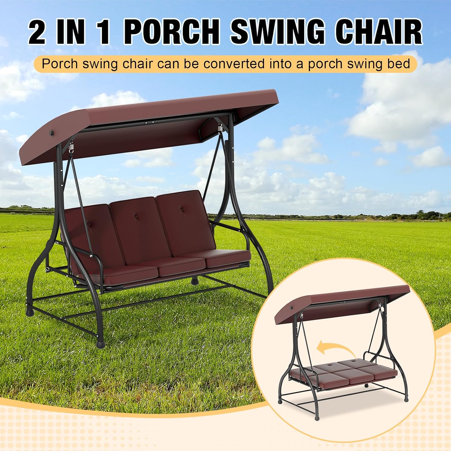 3 Seat Outdoor Porch Swing with Stand, 760 lbs Capacity Heavy Duty Patio Glider Swings for Adults, Convertible 2 in 1 Patio Swings Bed with Adjustable Canopy & Thick Cushions for Garden Yard