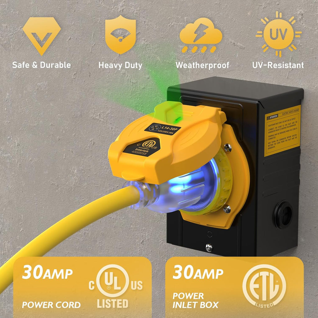 TOOLIOM 4 Prong 30 Amp Generator Cord 25FT and 30 Amp Power Inlet Box, Heavy Duty NEMA L14-30P to L14-30R Generator Extension Cord, 125/250V Up to 7500W 10 Gauge SJTW Generator Power Cord
