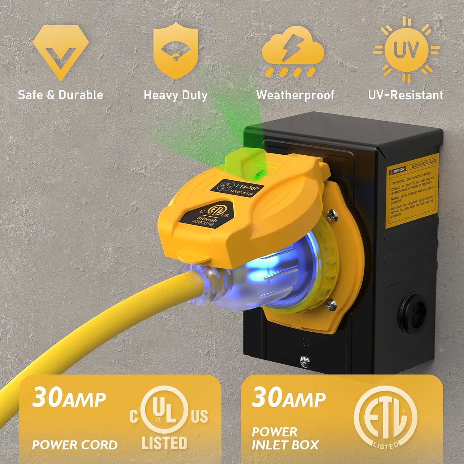 TOOLIOM 4 Prong 30 Amp Generator Cord 25FT and 30 Amp Power Inlet Box, Heavy Duty NEMA L14-30P to L14-30R Generator Extension Cord, 125/250V Up to 7500W 10 Gauge SJTW Generator Power Cord
