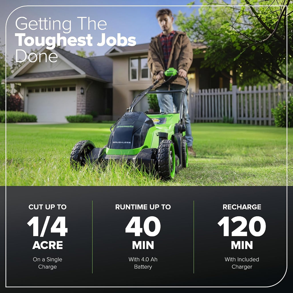 Greenworks 40V 14' Brushless (Push) Cordless Lawn Mower, 4.0Ah Battery and Charger