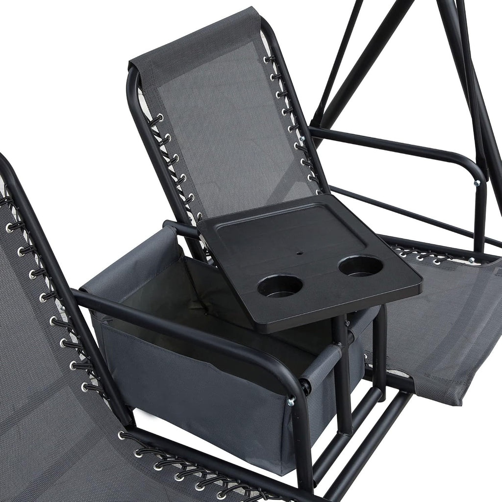 Outsunny 2-Seater Patio Swing Chair, Outdoor Canopy Swing Glider with Pivot Storage Table, Cup Holder, Adjustable Shade, Bungie Seat Suspension and Weather Resistant Steel Frame, Gray