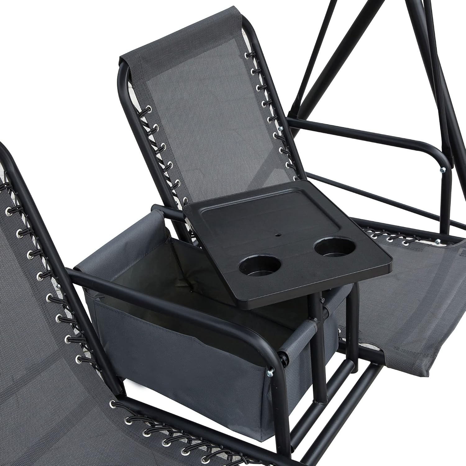 Outsunny 2-Seater Patio Swing Chair, Outdoor Canopy Swing Glider with Pivot Storage Table, Cup Holder, Adjustable Shade, Bungie Seat Suspension and Weather Resistant Steel Frame, Gray
